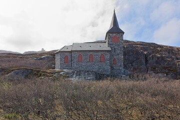 Kong Oscar II Chapel (capel) in sunny spring weather near the Russian border, Grense Jakobselv,...