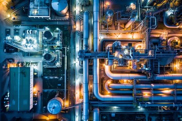 Fototapeta premium Aerial view of an oil refinery with storage tanks and pipelines, highlighting the complex infrastructure and energy production in an industrial facility.