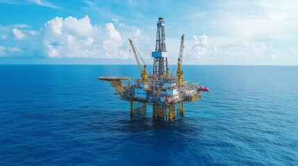 Offshore oil rig platform in open sea. Oil and gas wellhead remote platform produced raw gas and oil
