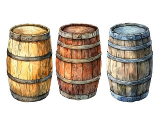 Three wooden barrels in various colors, perfect for rustic themes, beverages, storage, or vintage design. Ideal for illustrations.