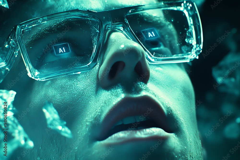 Poster close up of a man with large augmented reality glasses symbolizing the fusion of virtual experiences
