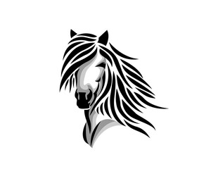 head horse long hair mane tattoo style logo design template illustration inspiration