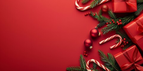A vibrant Christmas-themed background featuring candy canes, pine branches, ornaments, and wrapped gifts on a red backdrop. Perfect for holiday promotions, festive designs, and seasonal greetings.