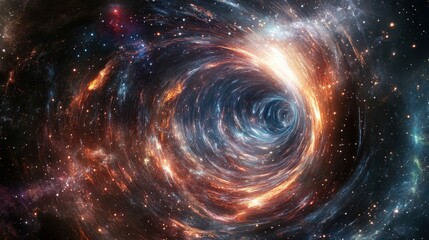 A cosmic scene depicting multiple wormholes opening across a star field, suggesting a network of intergalactic pathways