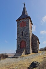 Kong Oscar II Chapel (capel) in sunny spring weather near the Russian border, Grense Jakobselv,...