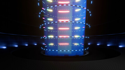 3D rendering of the interior of a glowing neon blue and pink spaceship hall.