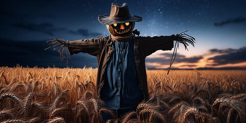 Obraz premium Terrorífico espantapájaros en un campo sembrado de trigo