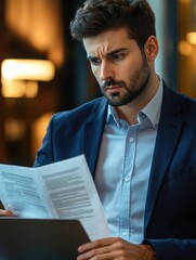 Fototapeta premium Businessman Reading Paperwork in Restaurant