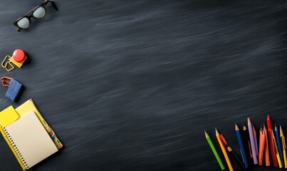 Chalkboard Surface with Educational Elements, a textured backdrop featuring diverse learning tools, ideal for academic settings or creative projects.