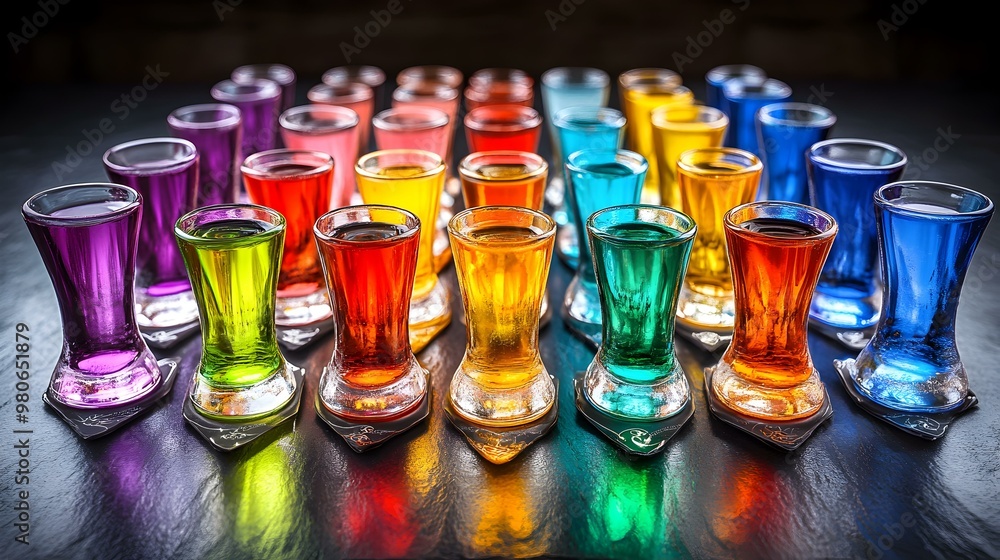 Poster vibrant display of assorted shot glasses filled with colorful liqueurs, set against a lively backdro