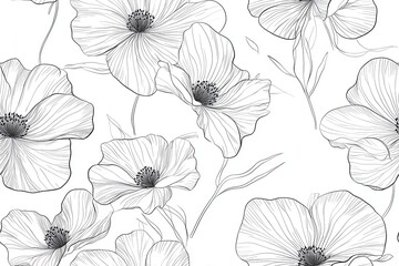 A monochrome floral pattern featuring delicate line-drawn flowers.