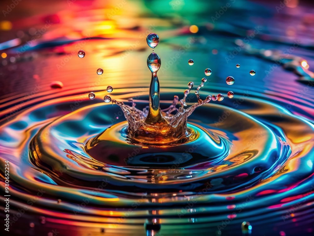 Poster vibrant water droplets splash and ripple in a shallow puddle, creating a mesmerizing dance of reflec