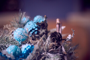 abstract Christmas background in blue colors with bokeh effect