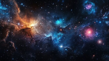 Naklejka premium A panoramic view of a deep space region filled with distant galaxies, nebulae, and uncharted cosmic phenomena