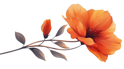 A beautiful orange flower with a bud on a branch. The flower is in full bloom and the bud is just starting to open. The leaves are a deep green and the stem is brown. This image represents nature and 