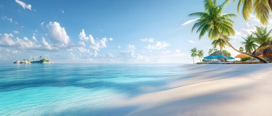 A serene tropical beach scene featuring palm trees, calm waters, and a clear sky, perfect for vacation vibes and relaxation.