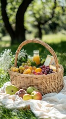 Wicker basket with fruits, cheese, food and drinks on a light blanket