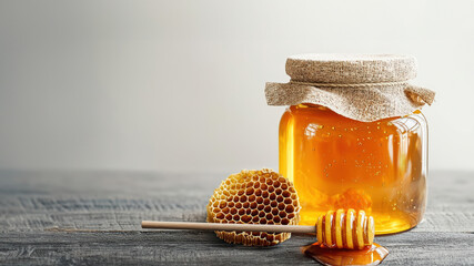 A beautiful jar of honey with a wooden dipper and honeycomb, showcasing natural sweetness and organic goodness.