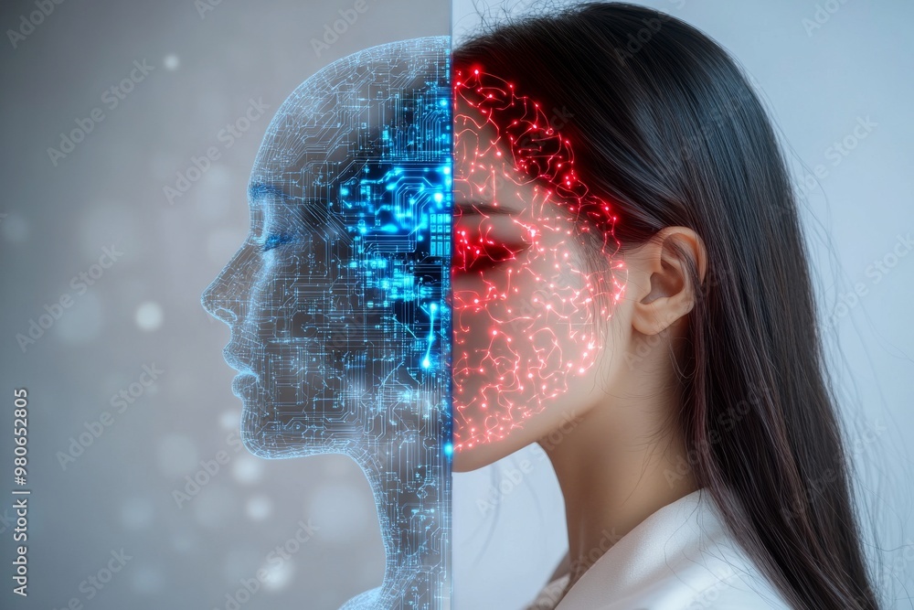 Poster profile of a woman with blue neural circuits on half of her face symbolizing the convergence of arti