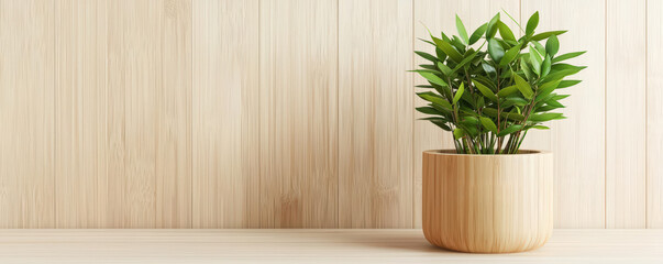 Fototapeta premium A charming indoor plant in a wooden pot, showcasing natural beauty and tranquility, perfect for home or office decor.