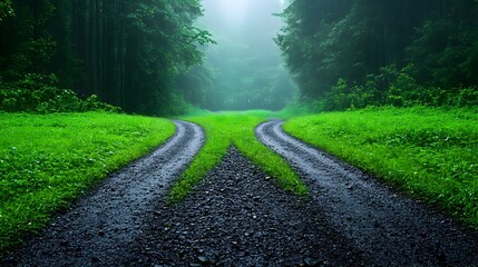 Paralyzing Indecision, a dense fog envelops a split path, evoking a sense of uncertainty and contemplation in a mysterious landscape.