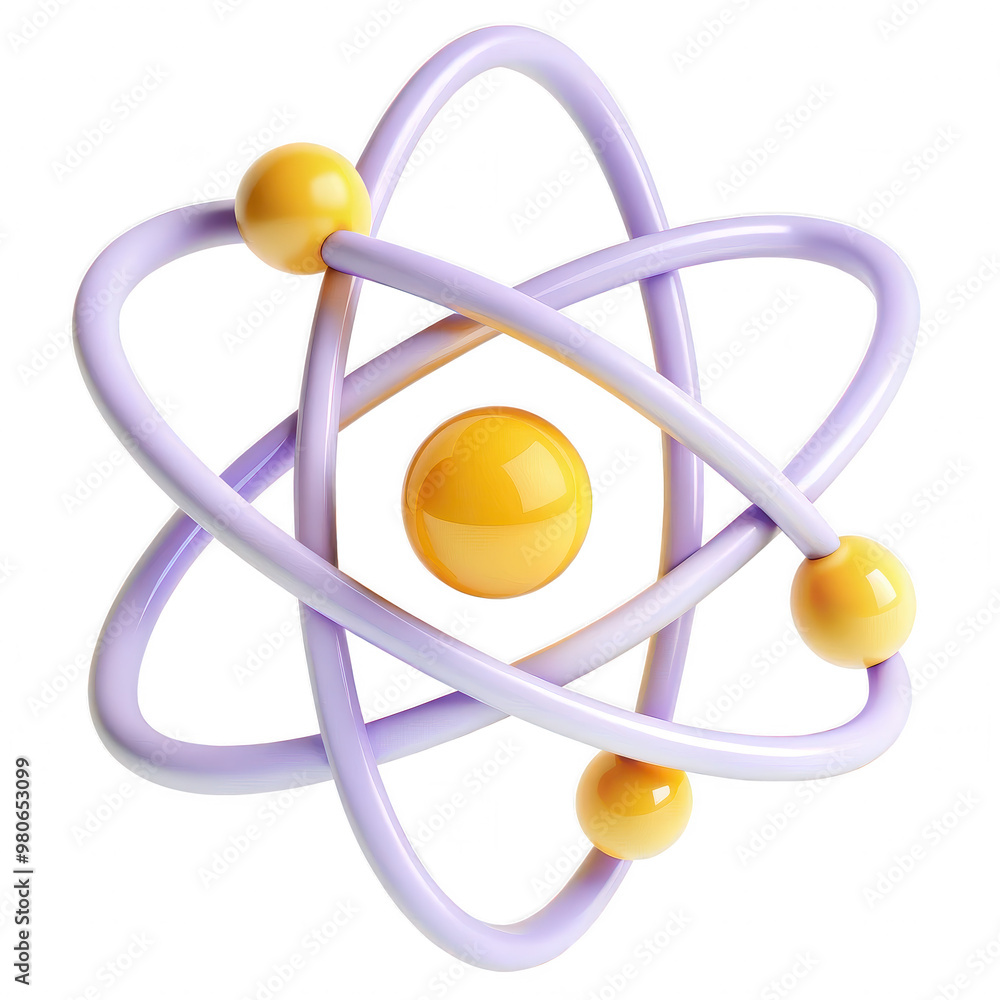 Poster 3d rendering of an atomic model with yellow spheres and purple rings on a transparent background.