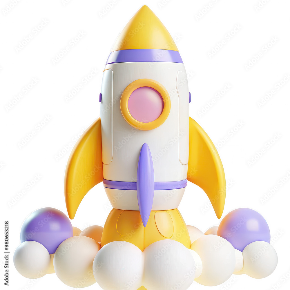 Poster this image depicts a colorful 3d rendering of a cartoon rocket with yellow and purple accents and a 