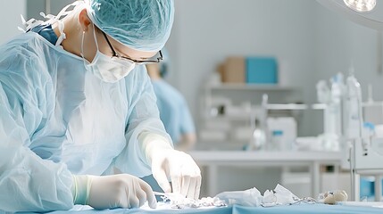 A surgeon performing a complex procedure in a sterile operating room, with a sense of focus and skill in their movements. , Product photography with high resolution, studio lighting, advertising style