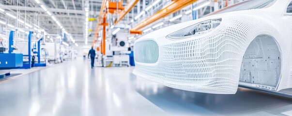 A modern automotive factory showcasing advanced manufacturing techniques and a partially completed vehicle design.