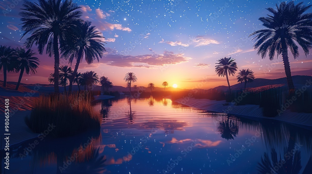 Poster tranquil oasis in the desert at twilight, still water reflecting the starry sky, palm trees swaying 