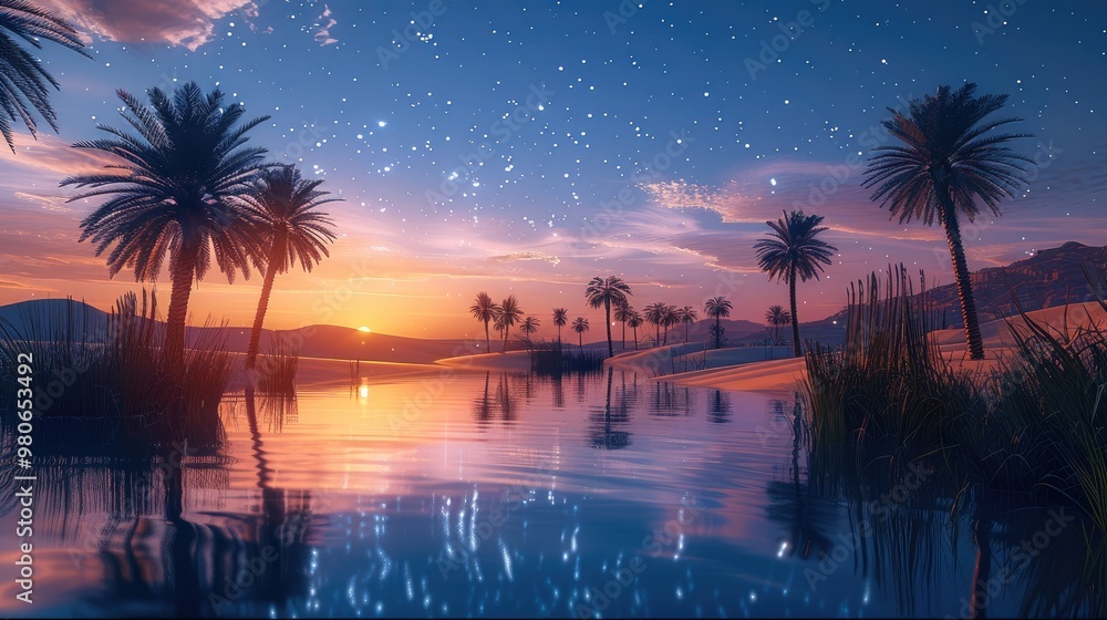 Poster tranquil oasis in the desert at twilight, still water reflecting the starry sky, palm trees swaying 