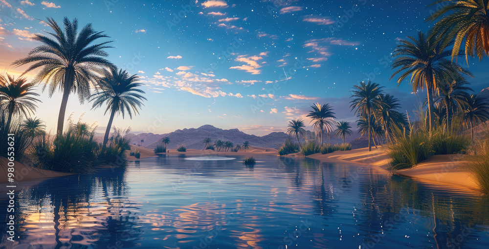 Poster tranquil oasis in the desert at twilight, still water reflecting the starry sky, palm trees swaying 