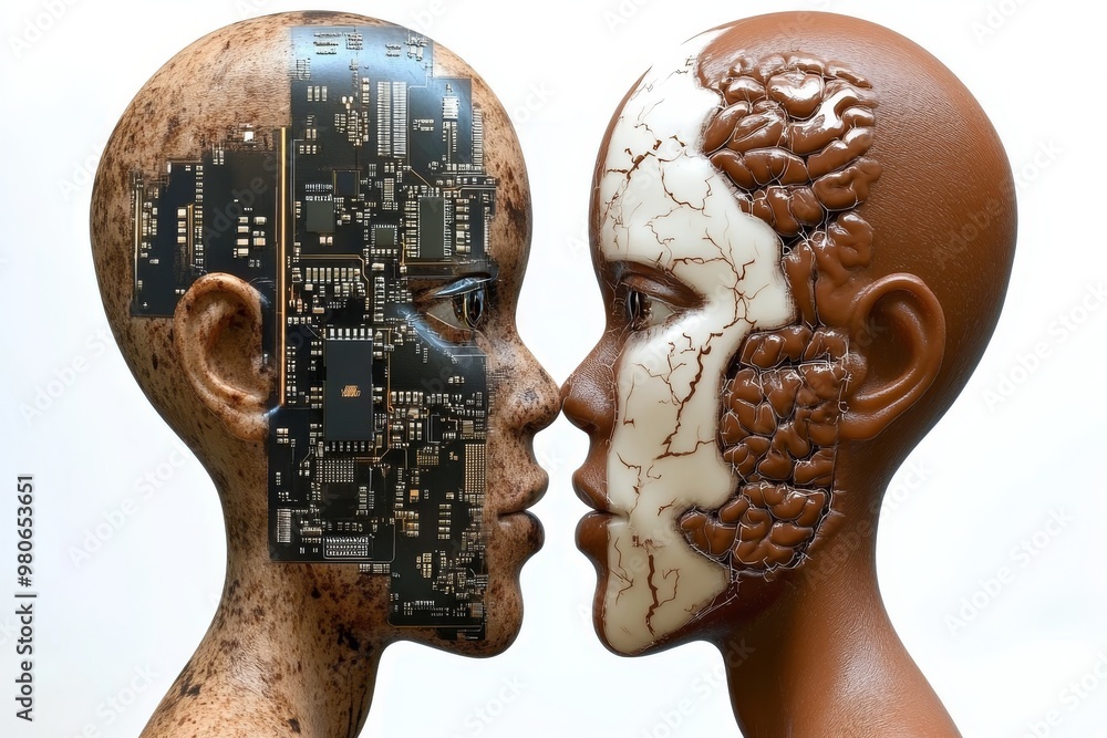 Poster two humanoid figures kissing with visible circuitry on their faces symbolizing the emotional and cog