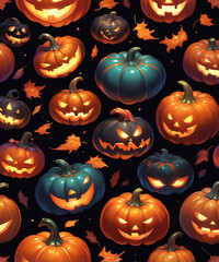 A variety of Halloween pumpkins with autumn leaves on a dark background