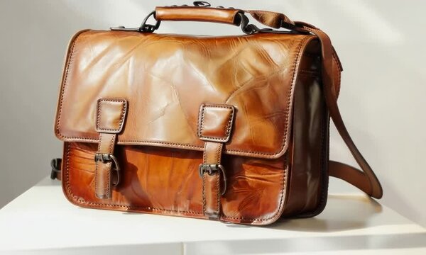 Stylish leather crossbody bag on white background, Video
