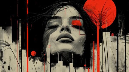 The style is graphic and symbolic, with a strong use of contrast and minimalistic design elements