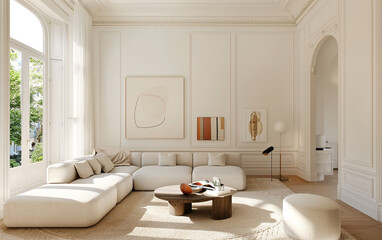 An unconventional twist on French luxury, featuring creamy stucco ceiling details and delicate off-white wainscoting.