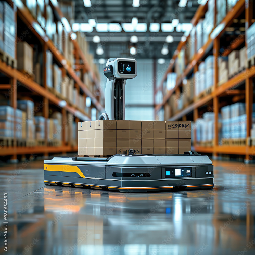 Aufkleber low-profile robot loader with a flat, wide design, similar to a pallet mover, without a mechanical a