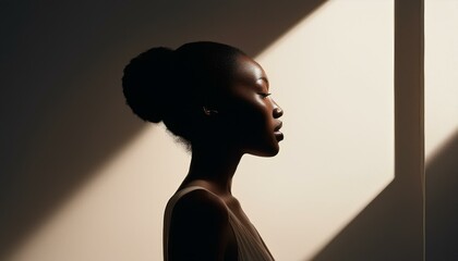 Play of Light and Shadow-Illustration of dramatic lighting casting shadows of a woman’s silhouette against a minimalist wall, creating an artistic, high-contrast effect