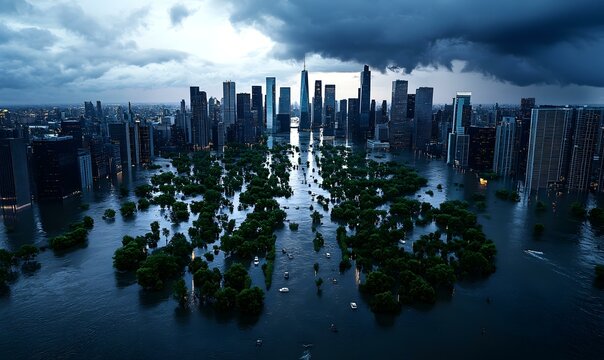 Urban Flood Crisis, extreme weather events lead to severe flooding in city streets, submerged vehicles and disrupted daily life, urgent response needed