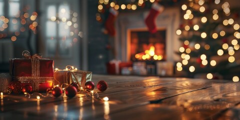 Create a serene Christmas atmosphere with a beautifully adorned tree, fireplace, and gifts perfect for festive videos and marketing, offering a warm and inviting feel to viewers