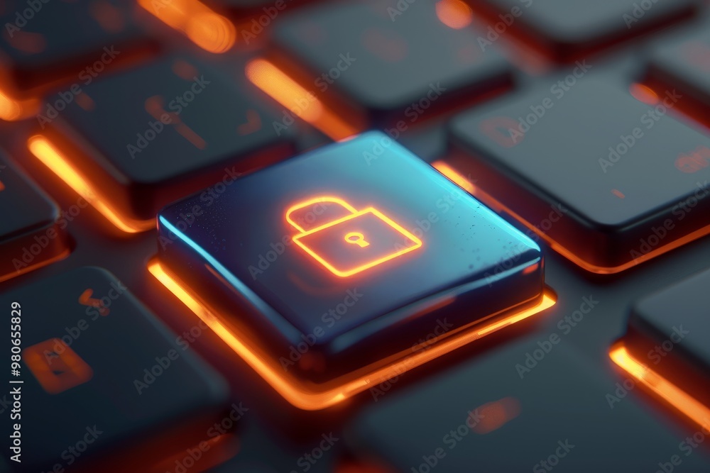 Poster Digital lock icon glowing on a keyboard, representing cybersecurity, encryption, and data protection in a virtual technology environment.