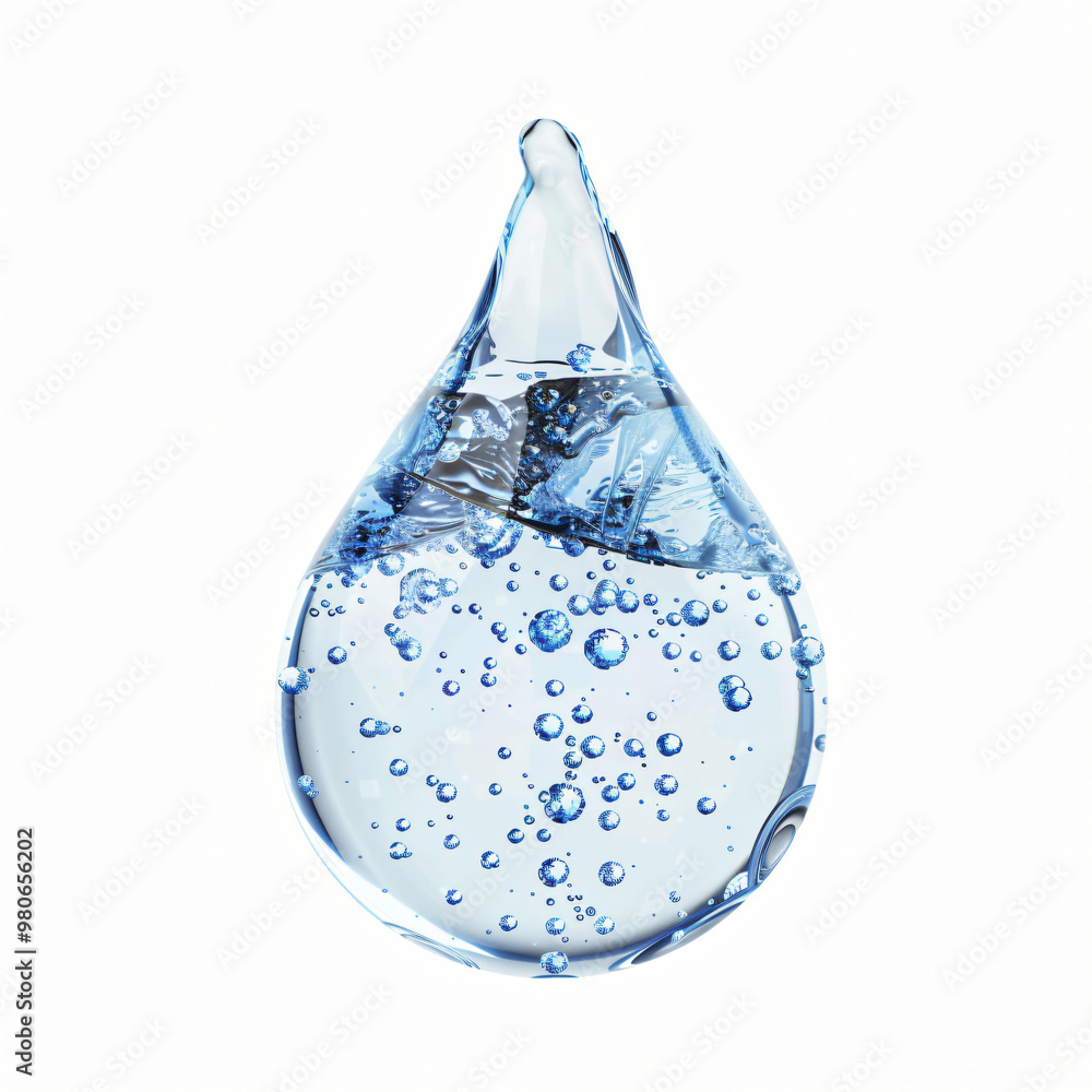 Poster a transparent drop of water with many small bubbles inside, the drop is oval in shape, the backgroun