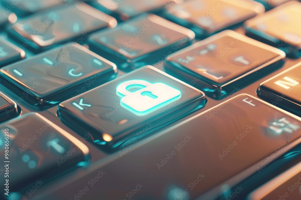 Poster Close-up of a glowing lock icon on a keyboard, symbolizing digital security, data protection, and online privacy in a high-tech environment.