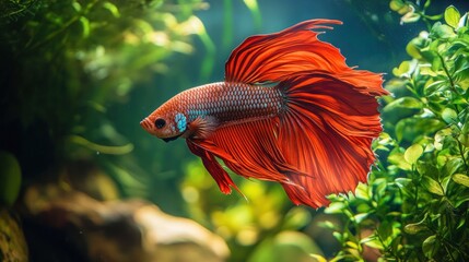 Obraz premium A betta fish with a long, flowing fin in shades of red and orange, swimming through a planted tank