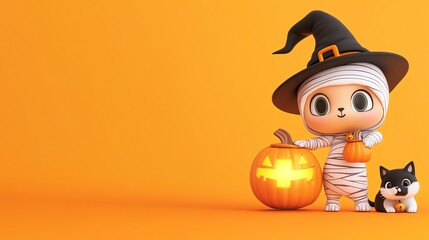 A cute character dressed as a mummy with a pumpkin and a cat, perfect for Halloween-themed decorations and promotions.