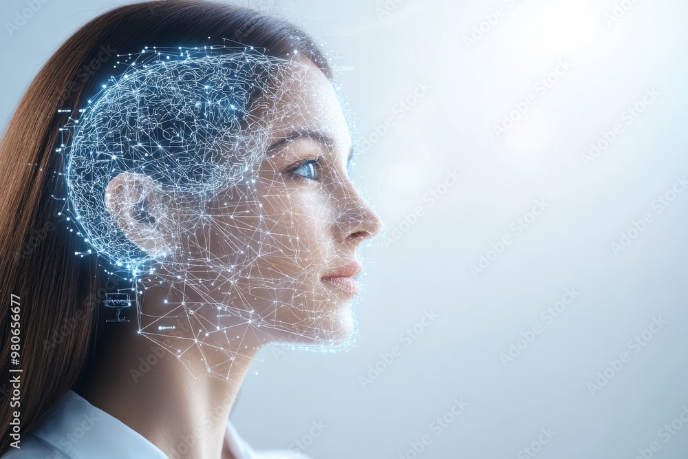 Poster side profile of a woman with digital particles symbolizing the merging of human intelligence and art