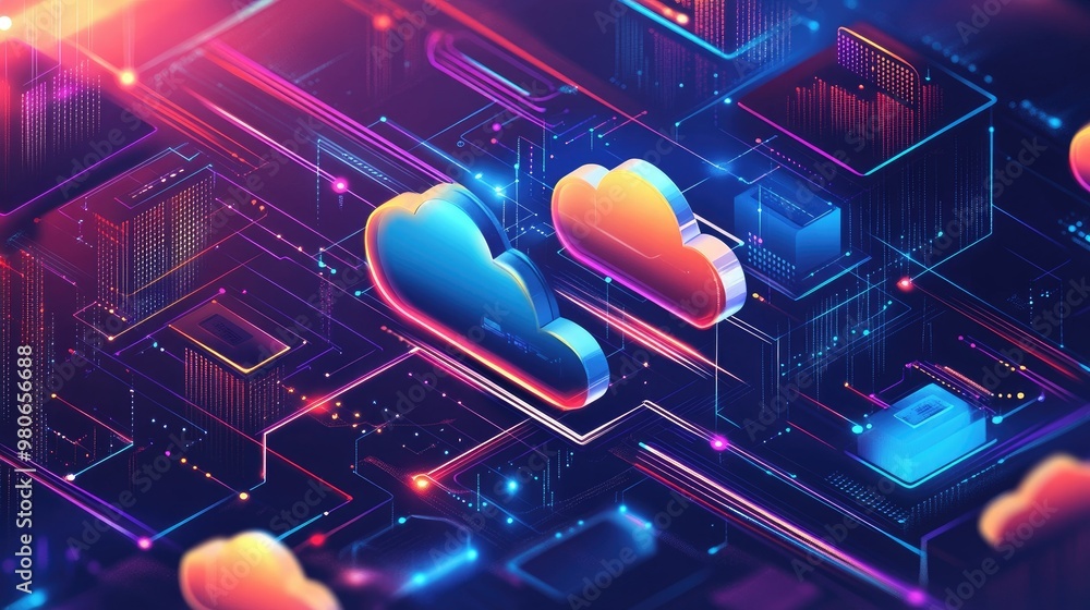 Poster a multi-cloud vector illustration showcasing 2d and 3d cloud symbols, highlighting interconnected cl