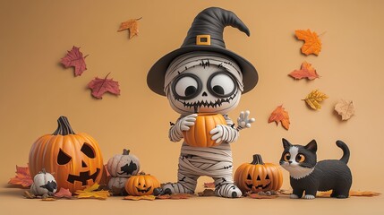 A cute Halloween scene featuring a playful mummy in a witch hat, surrounded by pumpkins and a black cat amidst fallen leaves.