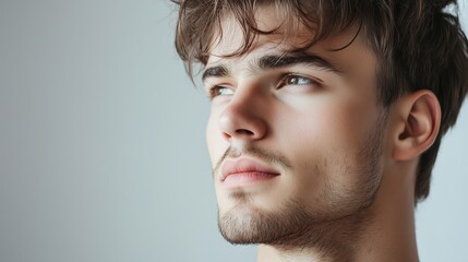 Fototapeta premium Young man with stylish hair gazing thoughtfully against a neutral background during daylight hours